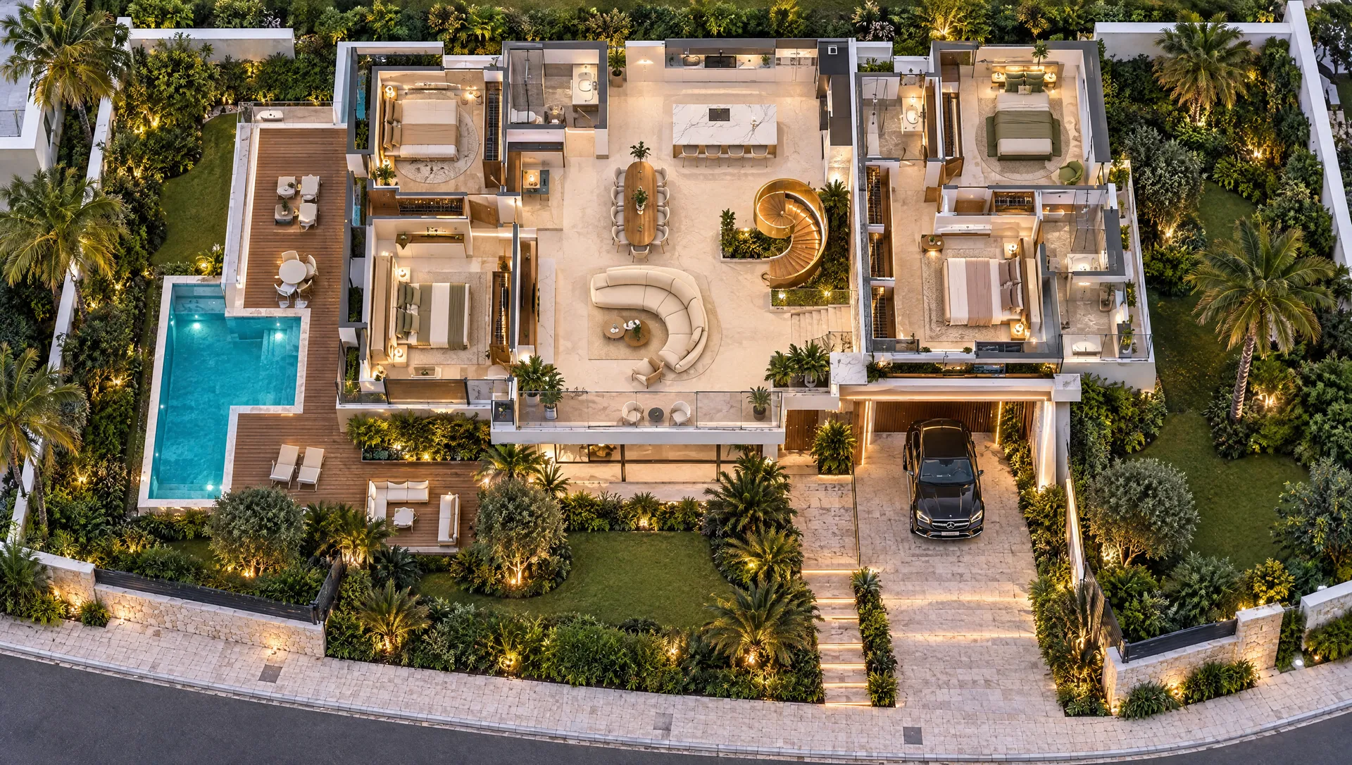 מבט על מלמעלה אל תוך הווילה ללא גג: סלון, מטבח, חדרי שינה, מדרגות לולייניות ובריכה